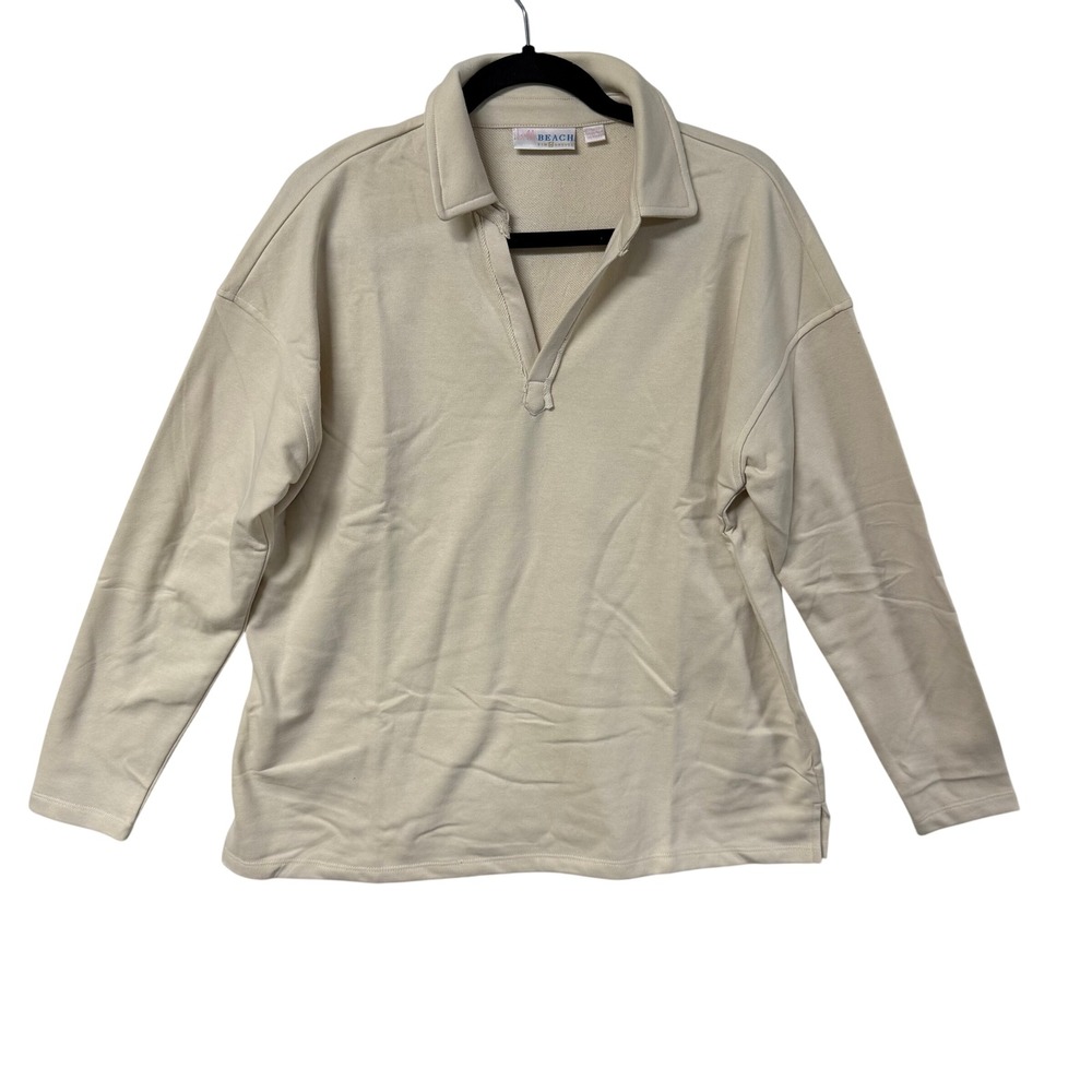 Belle Beach Kim Gravel Cream Polo Sweatshirt V-Neck Long Sleeve Top A683835 M